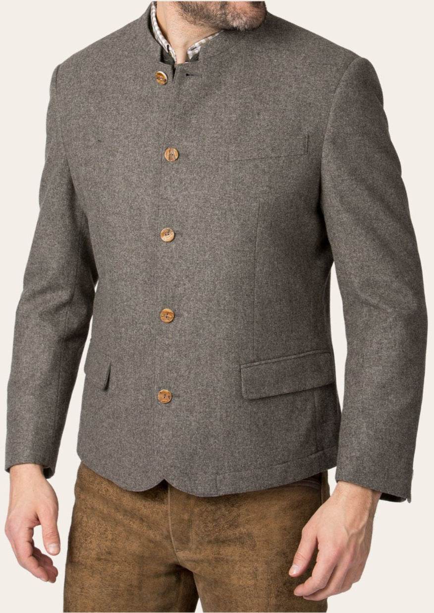 Grey wool traditional jacket with stand collar, brass button placket, and front flap pocket