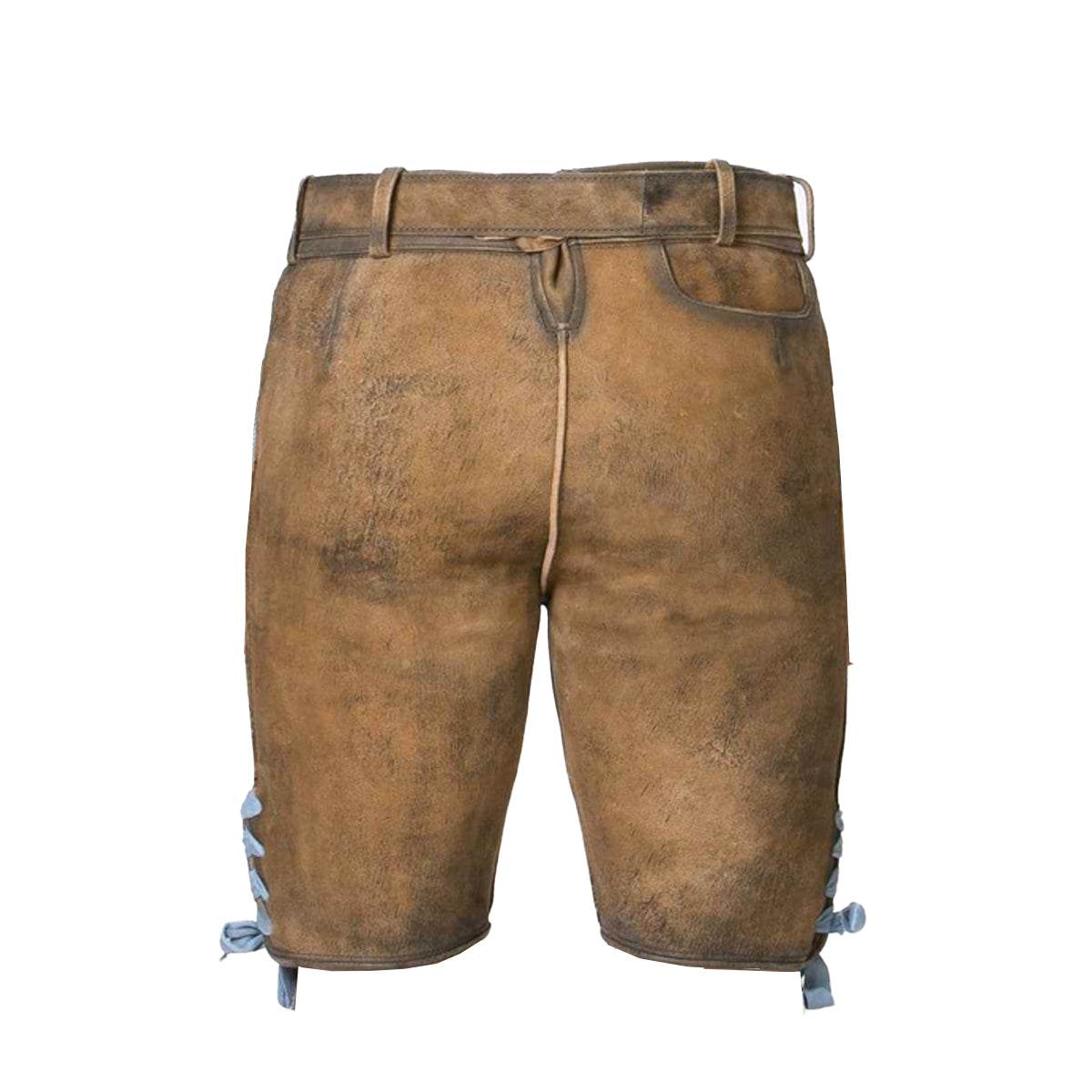 Brown leather lederhosen back view with belt loops and blue lace ties at hem