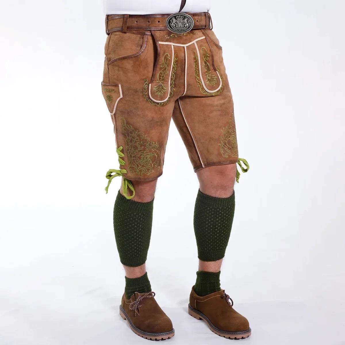 Brown suede knee-length lederhosen with green embroidery, belt buckle, and lace-tie sides