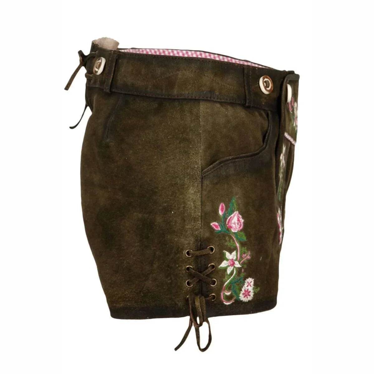Women’s traditional dark-brown lederhosen shorts with side lacing and floral patch embroidery