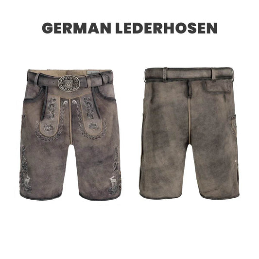 Men's dark leather lederhosen with floral embroidery, front belt buckle, button placket