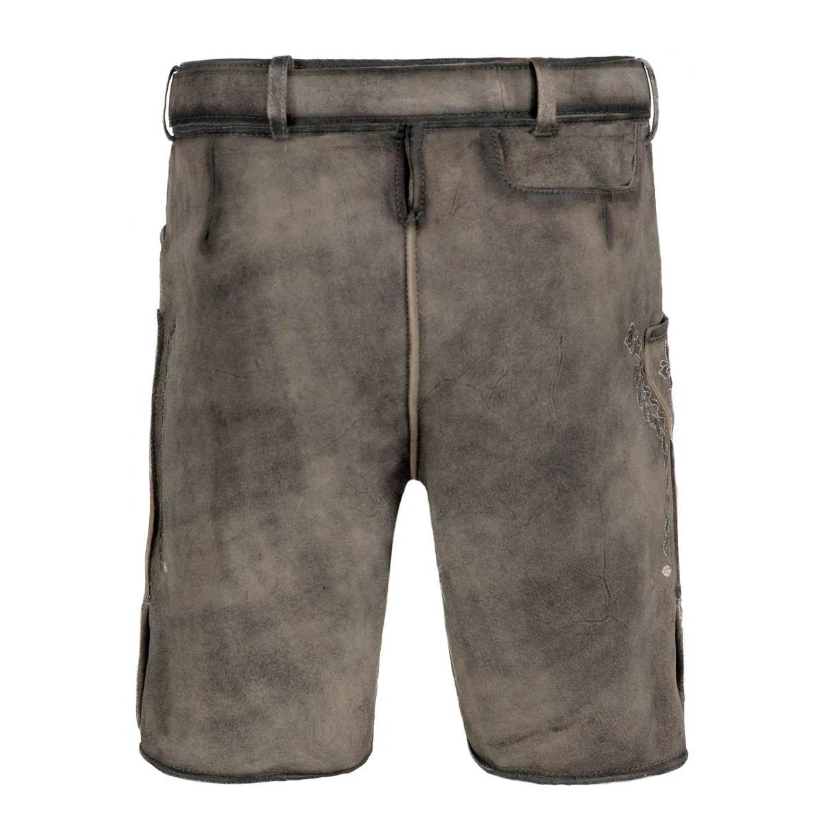Men's dark leather lederhosen back view with plain panels and belt loops