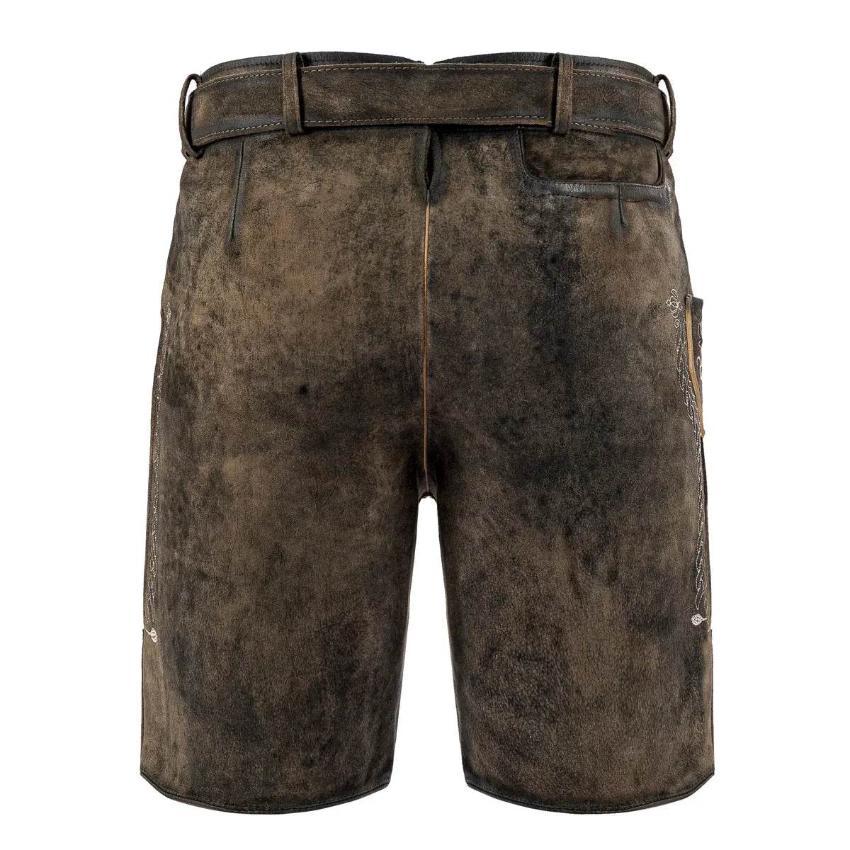 Men's dark leather shorts with belt loops and plain back hem