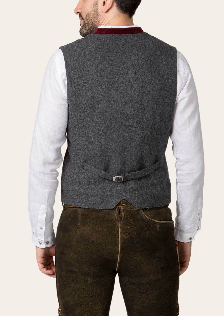 Men's gray back of trachten vest with waist tie strap and back panel