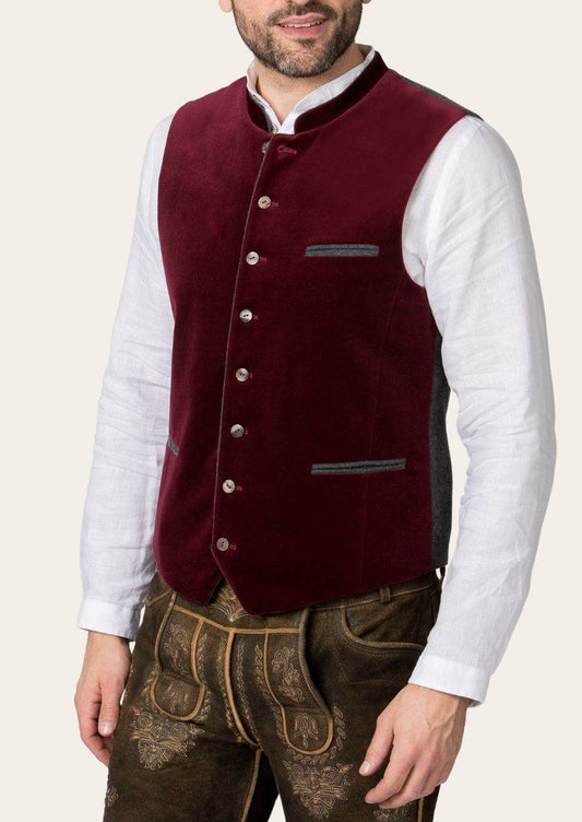 Burgundy trachten waistcoat with metal-look buttons and chest pocket
