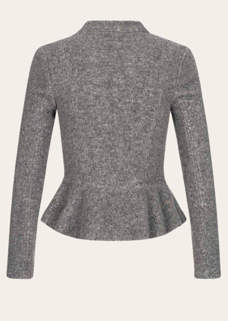 Women’s traditional jacket, heather gray, stand collar, long sleeves, peplum back view