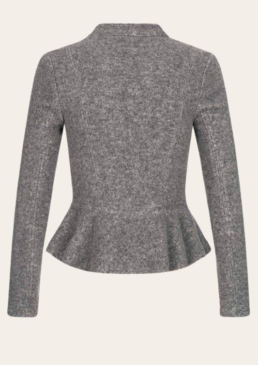 Women’s traditional jacket, heather gray, stand collar, long sleeves, peplum back view