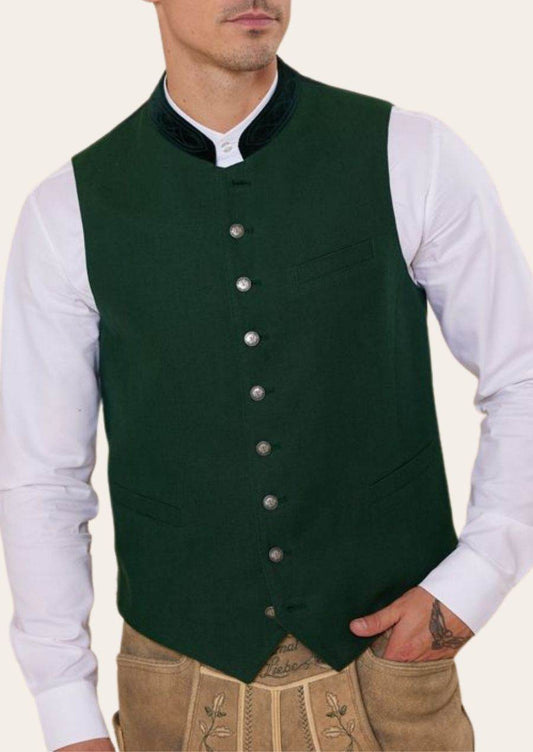 Dark green waistcoat with silver-toned button front and chest welt pocket