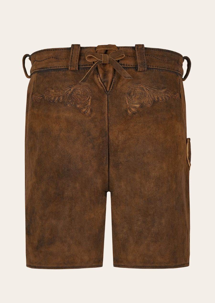 Dark brown leather lederhosen shorts with embroidered details and tied waistband
