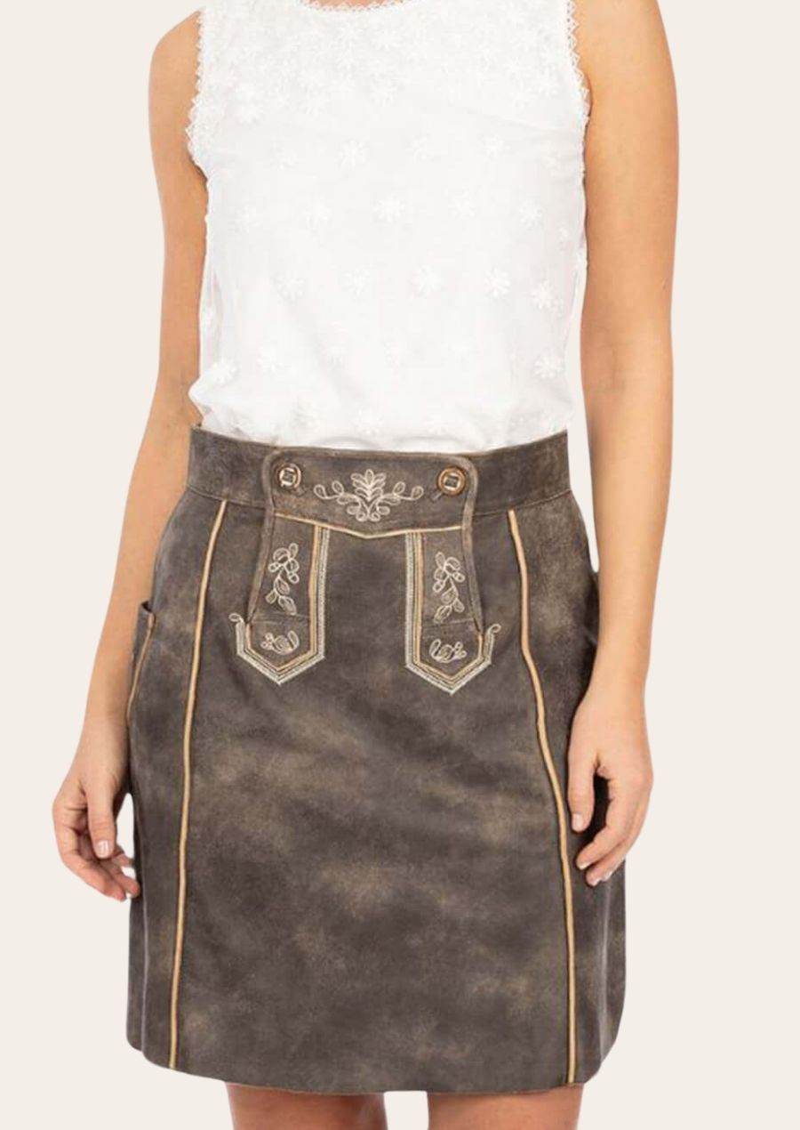 Dark leather dirndl skirt with embroidered bib panels and gold buttons at waist