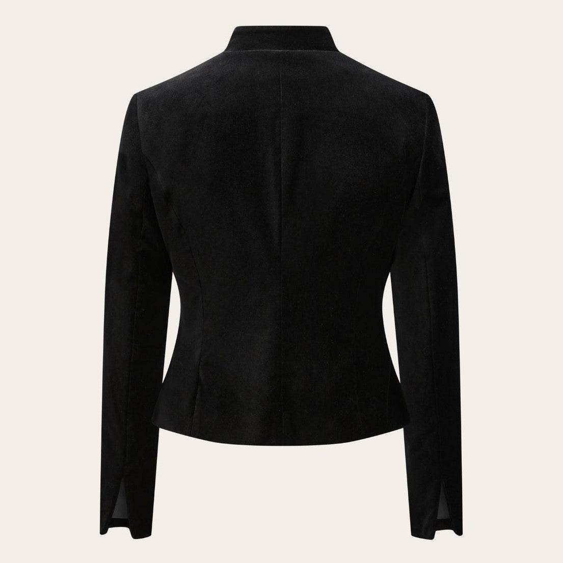 Women's black traditional jacket, stand collar, long sleeves, tailored back view