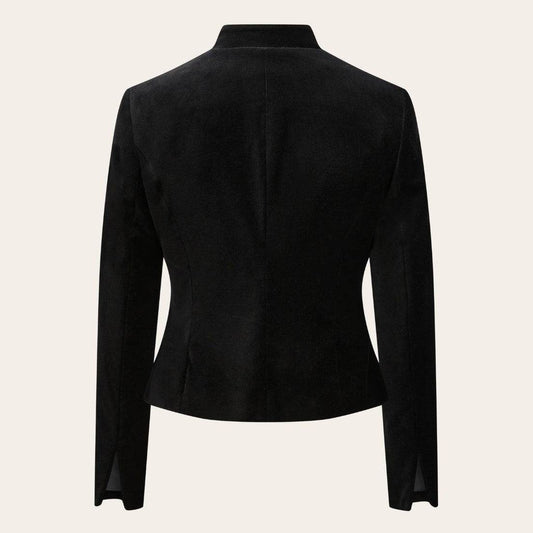 Women's black traditional jacket, stand collar, long sleeves, tailored back view