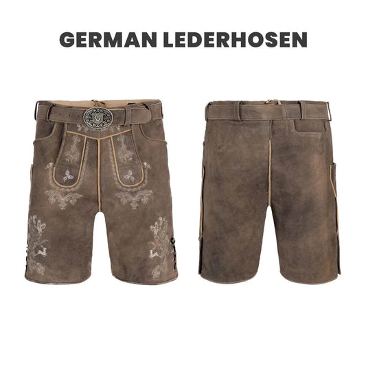 Brown leather short lederhosen, front and back views with decorative embroidery