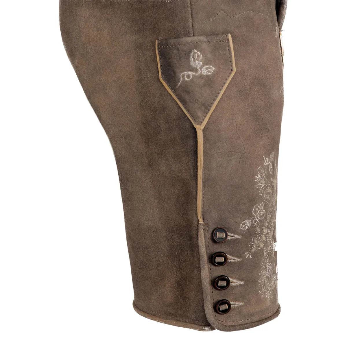 Brown leather short lederhosen leg with button placket and embroidered floral motif