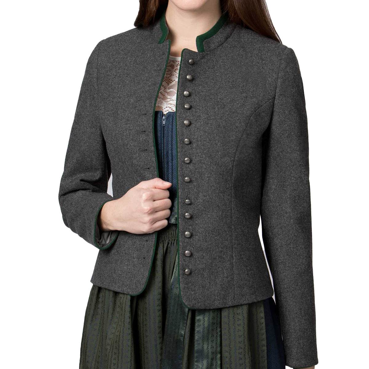 Women's dark charcoal dirndl jacket with green piping, front buttons, tailored fit, long sleeves