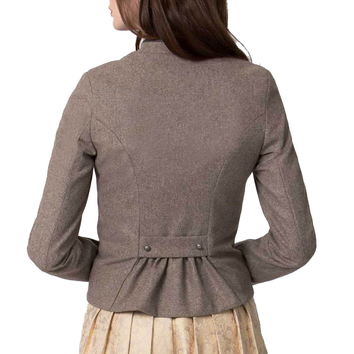 Women’s brown dirndl jacket back with waist belt, curved seams, long sleeves