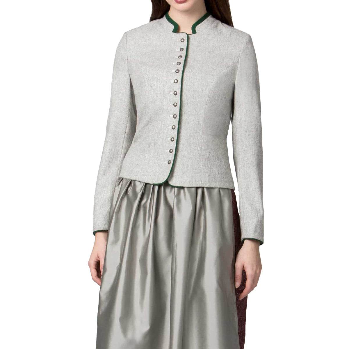 Women’s grey dirndl jacket with green edging, metal buttons, and peplum-style waist