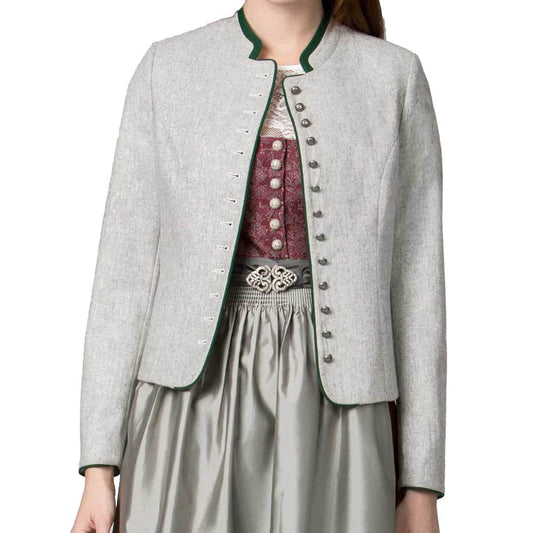 Women’s grey dirndl jacket with green trim and metal button front, stand collar