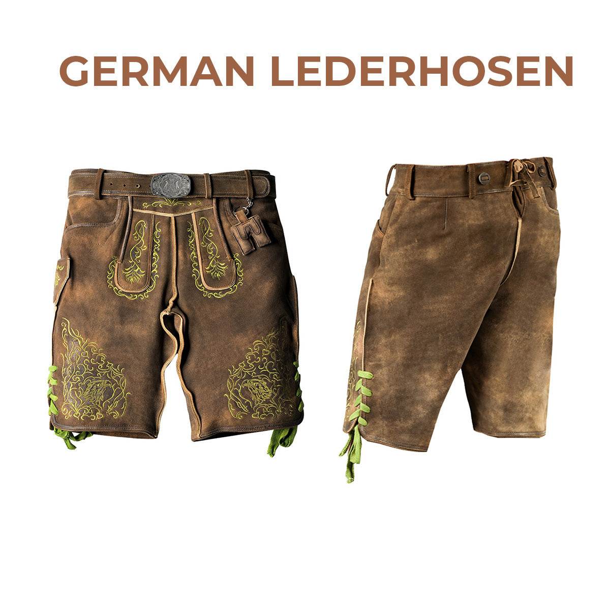 Brown leather shorts with green embroidered yokes, belt buckle, and laced side ties
