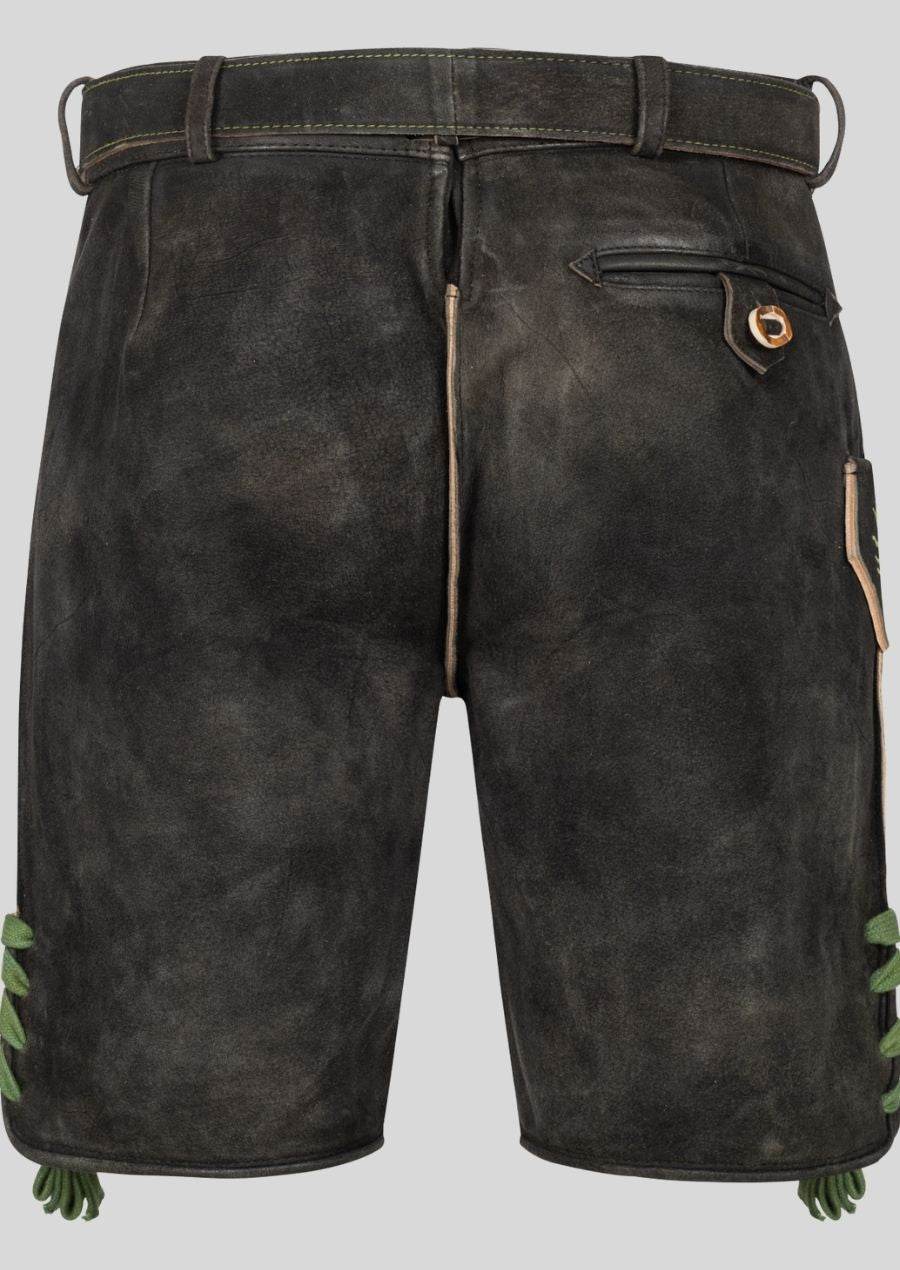 Men's dark leather lederhosen with green tassels and front pocket with button