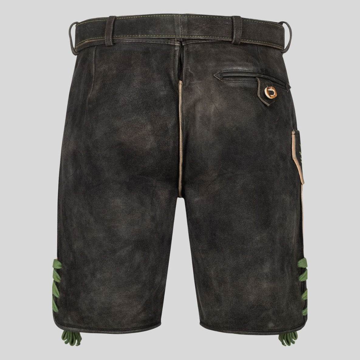 Mens dark leather lederhosen shorts with green tassel trim and back pockets