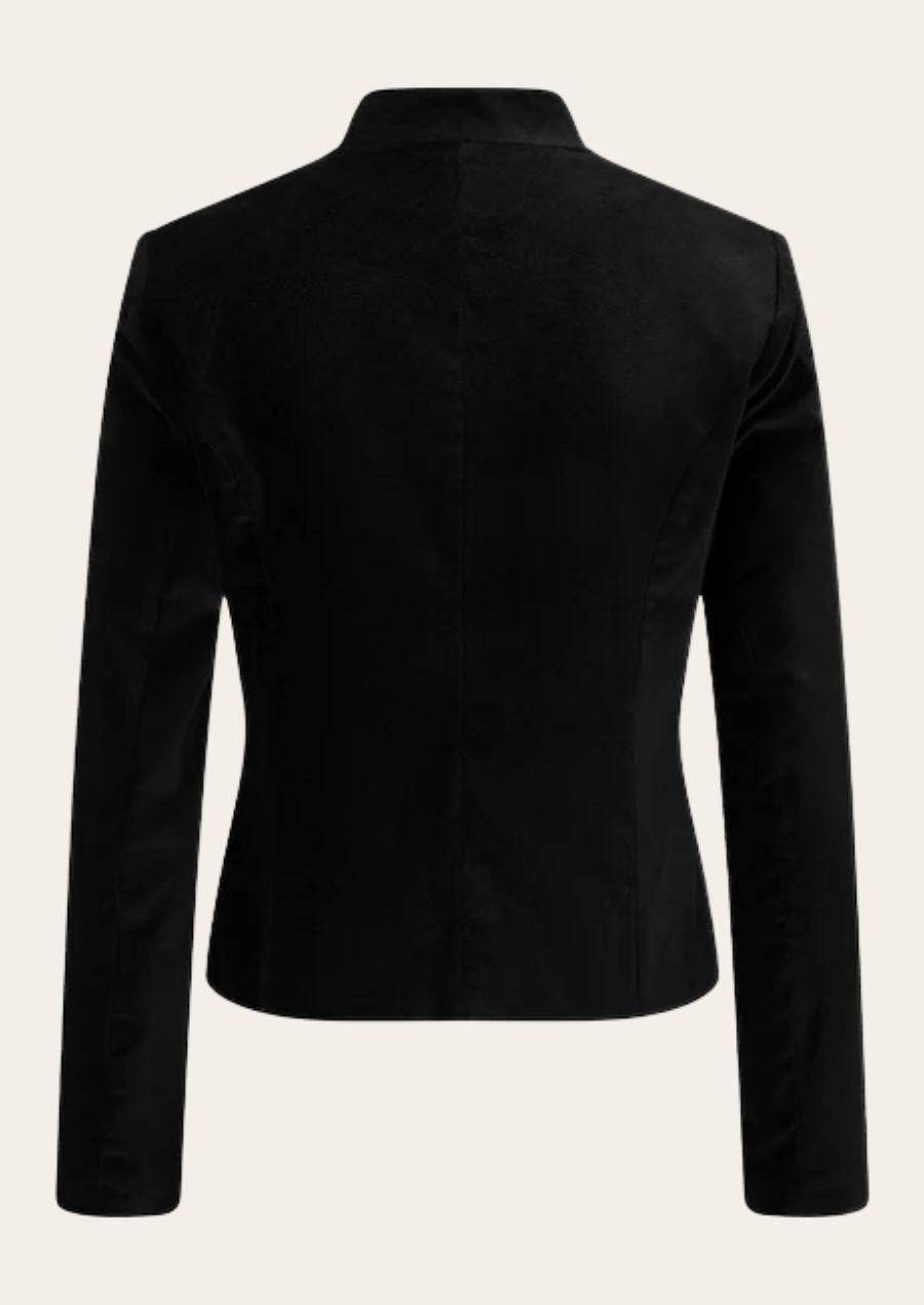 Women’s black Oktoberfest jacket with stand collar, shown from the back