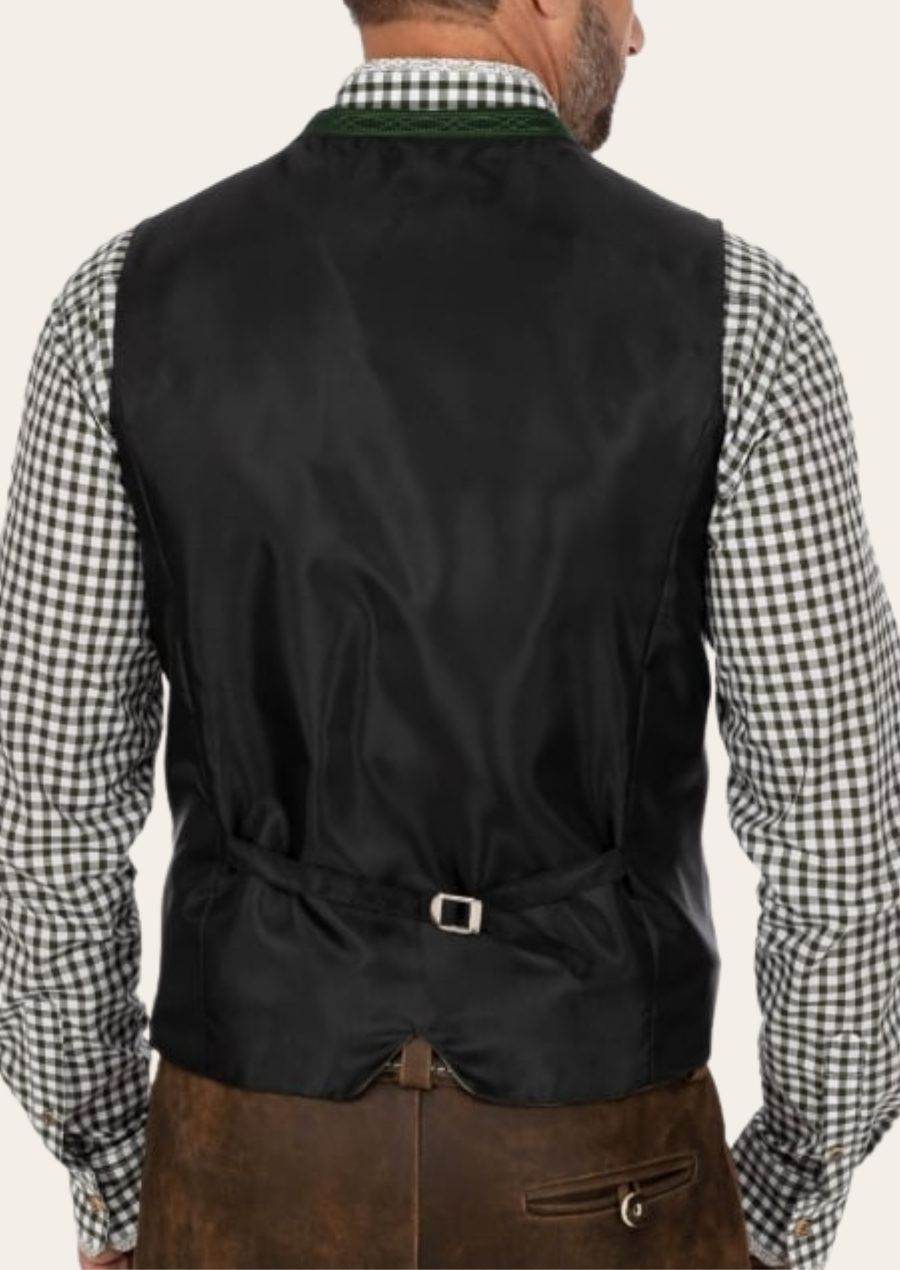 Men's traditional waistcoat in dark fabric, back view with center buckle strap.