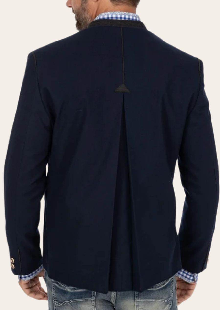 Dark navy traditional jacket back view with center pleat and long sleeves