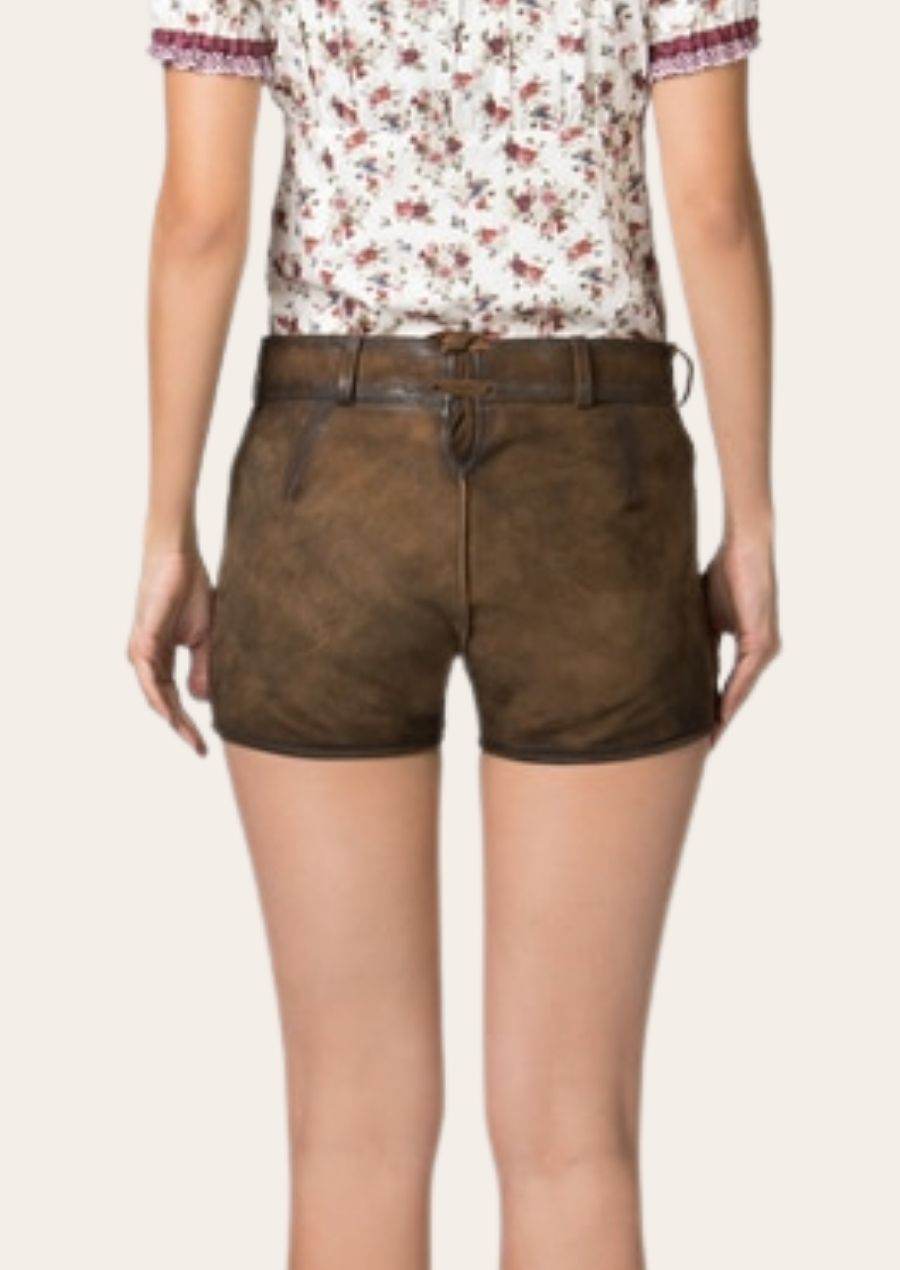 Dark brown leather short lederhosen with belt loops and buttoned waistband