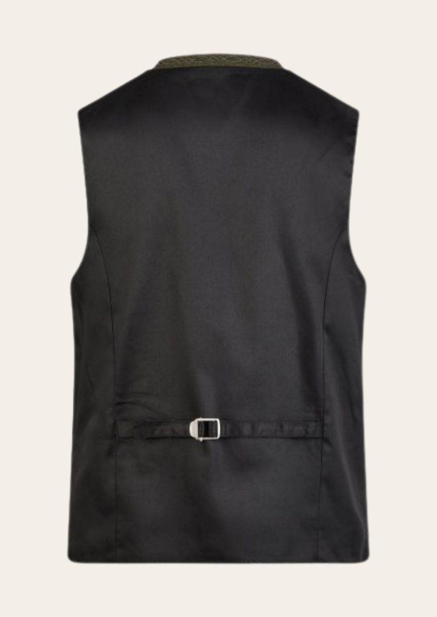 Cotton Oktoberfest vest back, dark vest with waistband belt and silver buckle