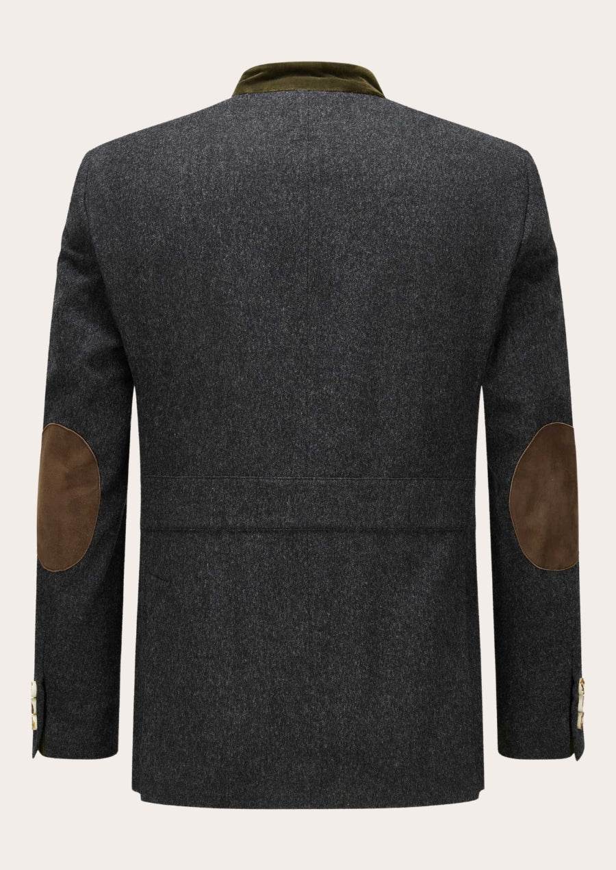 Men's Bavarian-style traditional jacket back, dark gray with brown elbow patches