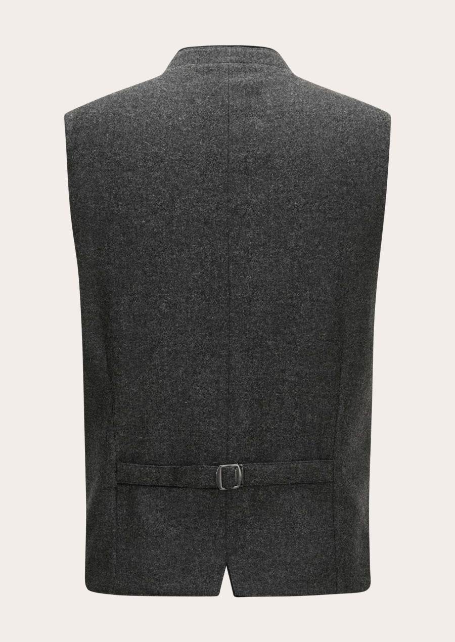 Men's traditional dark gray vest back with stand collar and waist belt with buckle