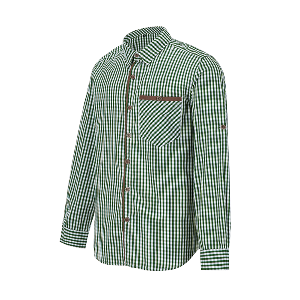 Men's green-and-white plaid dress shirt with front chest pocket and button placket