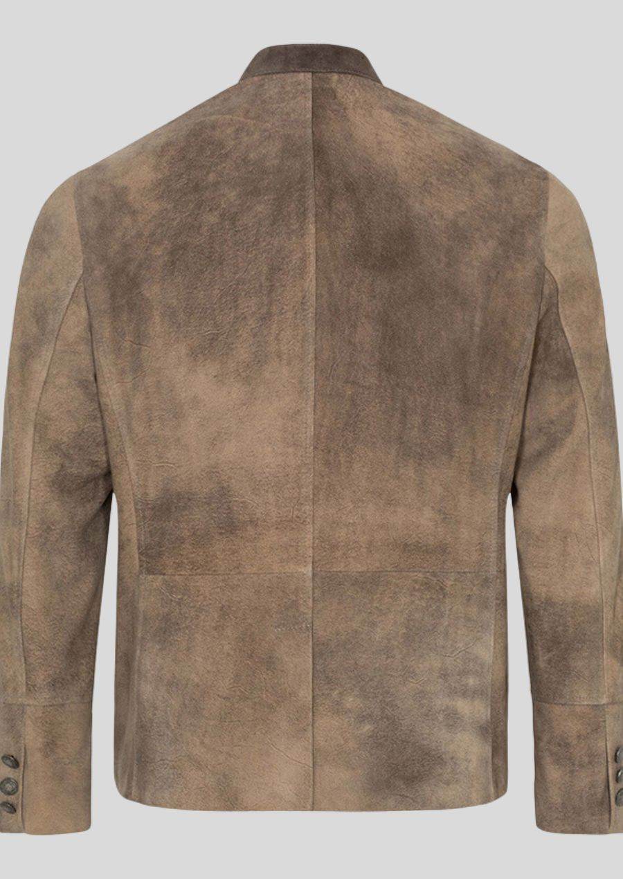 Men's classic trachten jacket back view in tan-brown, split-panel design