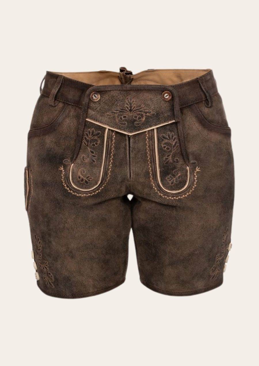 Trachtenlederhose Damen kurz dunkelbraun für Oktoberfest - Lederhose Herren