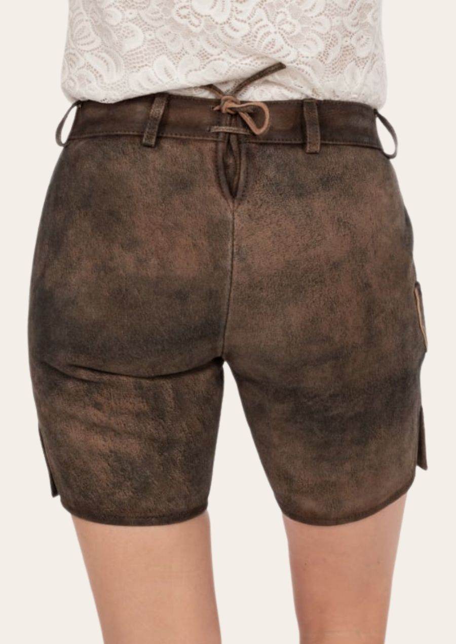 Dark brown leather short lederhosen with drawstring waist and side tie details