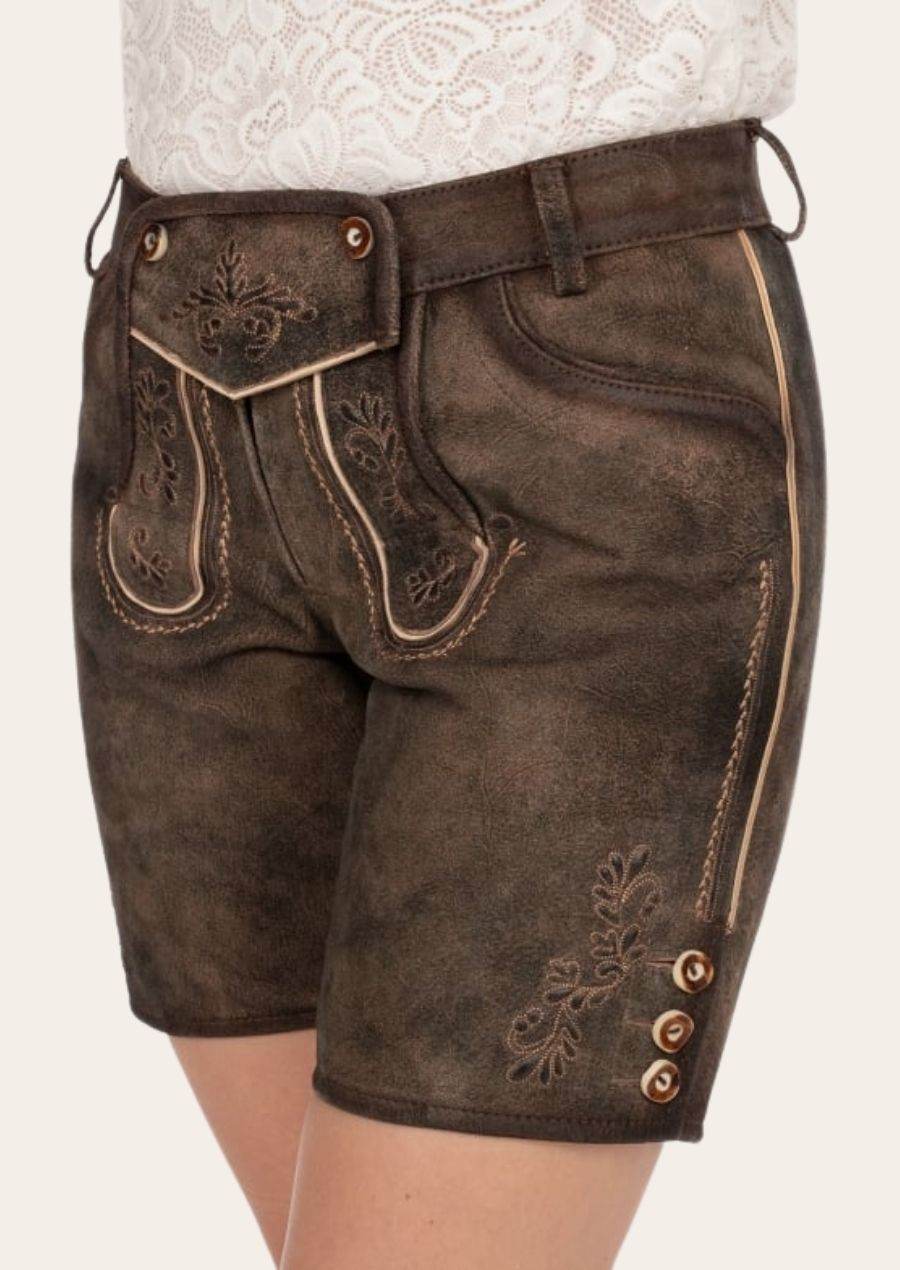 Trachtenlederhose Damen kurz dunkelbraun für Oktoberfest - Lederhose Herren