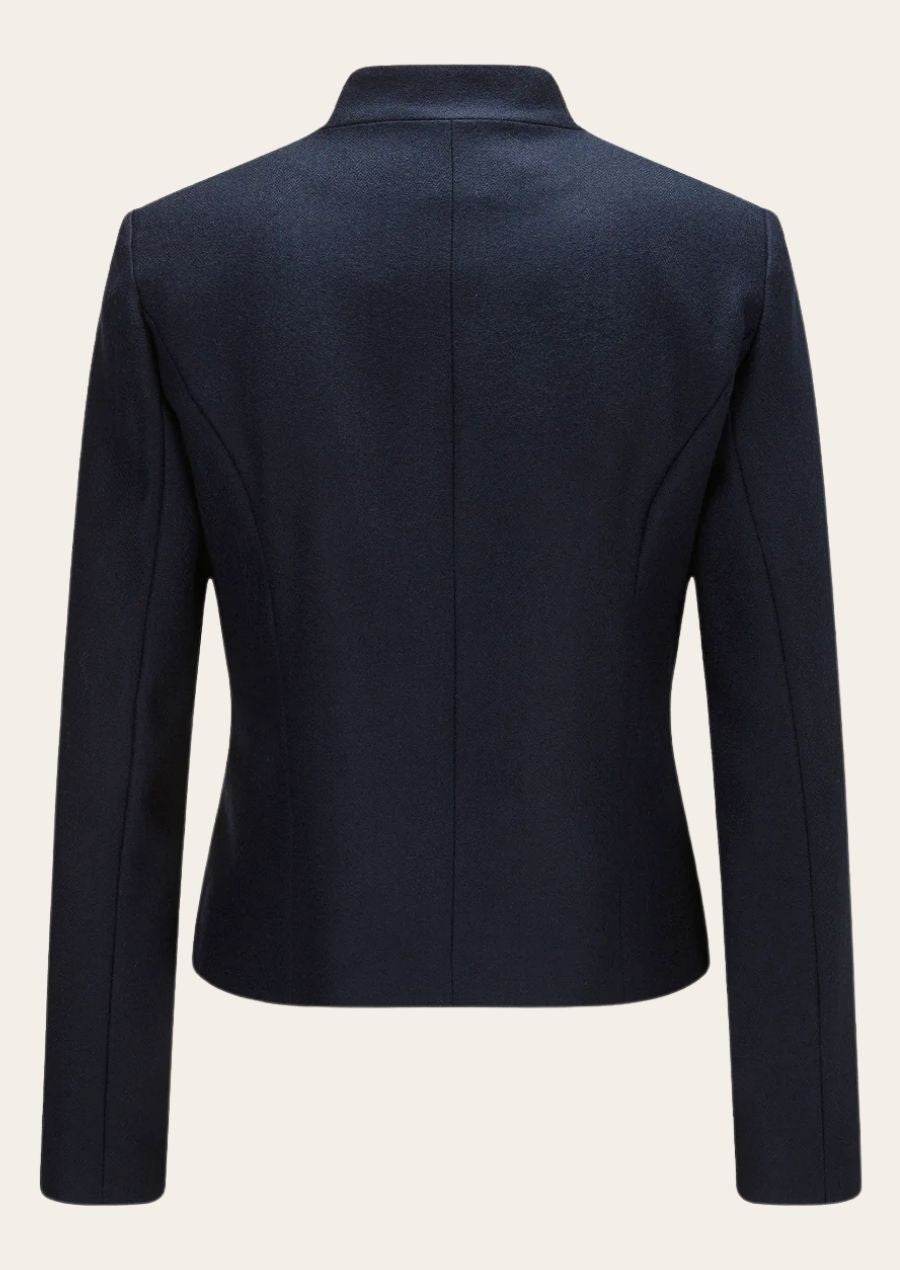 Women’s Bavarian jacket in navy, back view with stand collar seam line