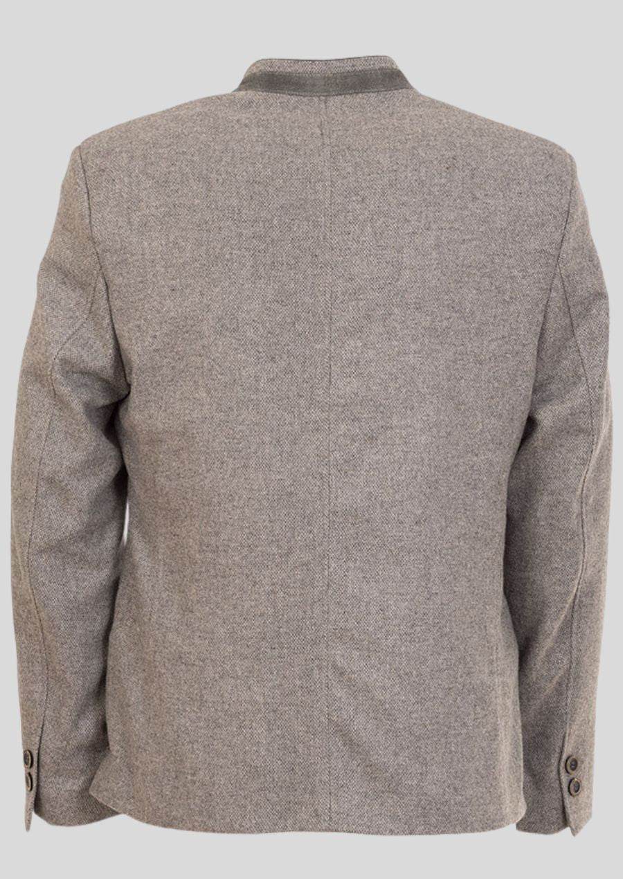 Heather gray wool blazer back view with stand collar and long sleeves