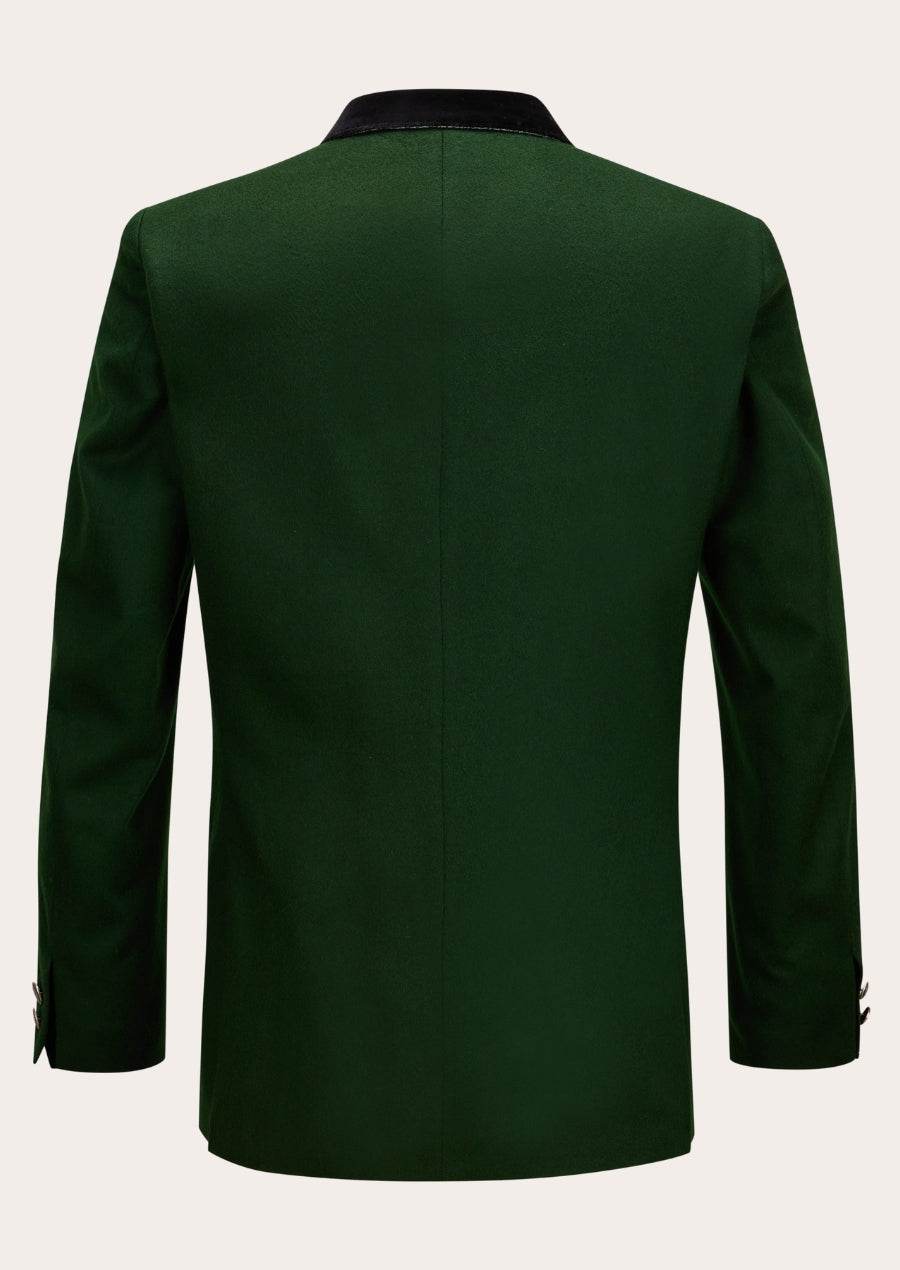 Men's dark green blazer jacket, back view with long sleeves and center back seam