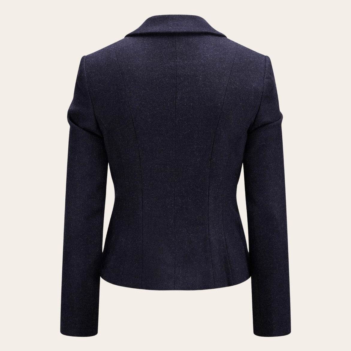 Fitted women's traditional felt jacket in navy, back view with stand collar