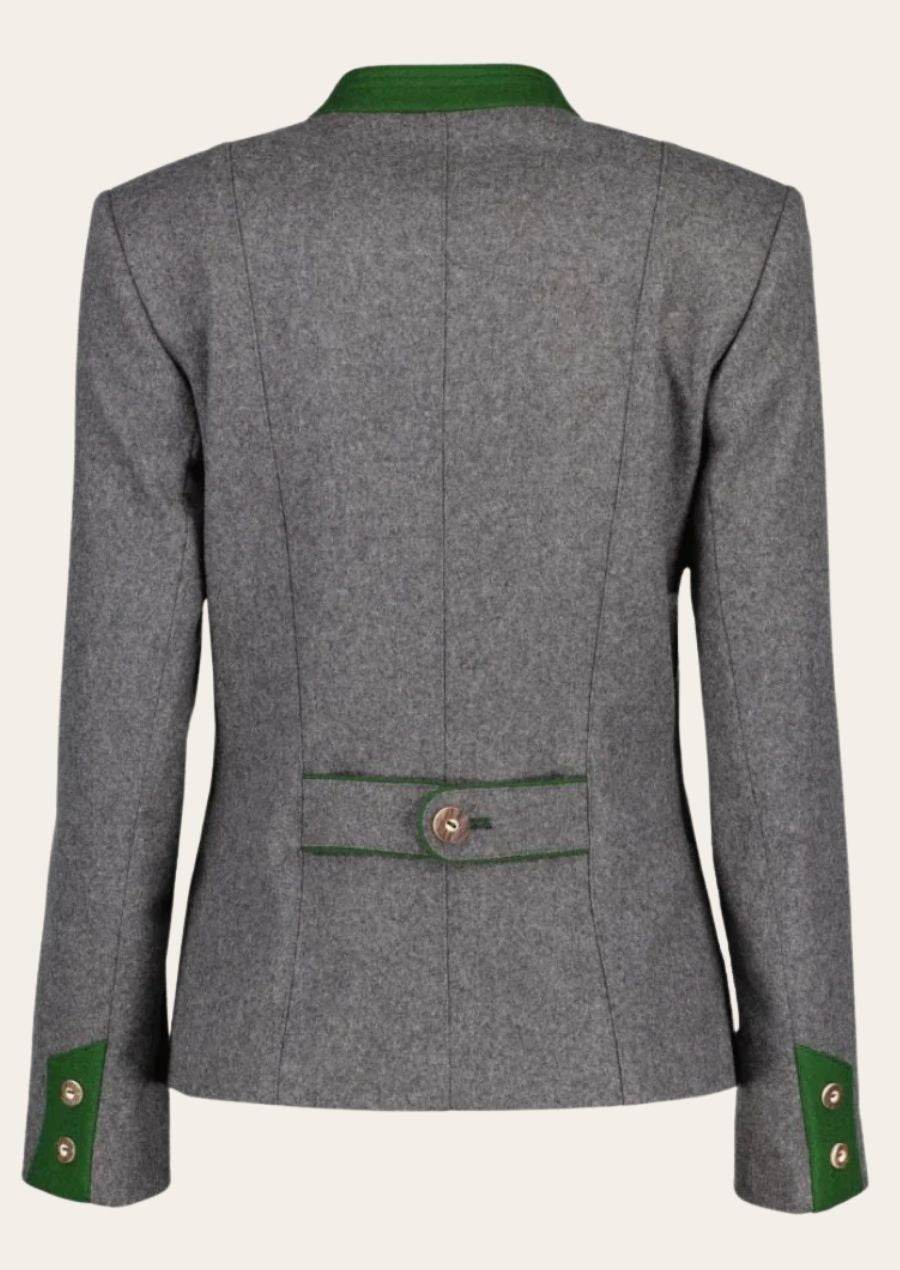 Women’s Oktoberfest jacket back view in dark gray with green collar trim and waist detail