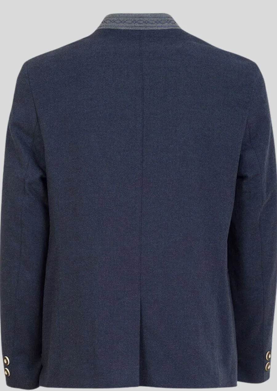 Dark blue traditional coat back view with center seam and brass button cuffs