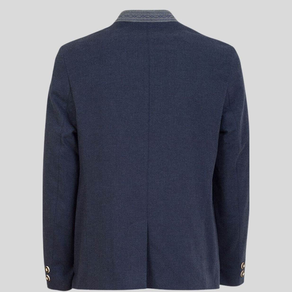 Men's navy blue overcoat back view with center seam and vent hem