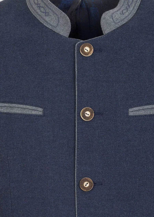 Dark blue coat front close-up with stand collar embroidery and three brass buttons