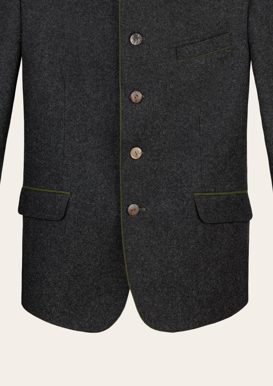 Mens dark charcoal jacket with green-trim pockets and rounded button front