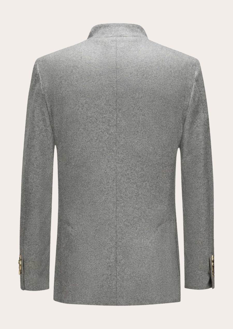 Men's loden-style jacket, grey back view with stand collar and gold button placket