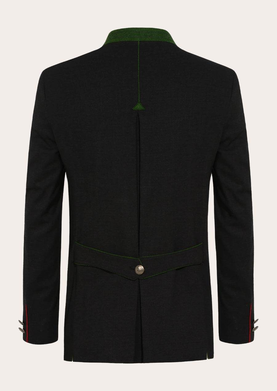 Men's traditional-style jacket back, black with green trim and central seam, slit cuffs