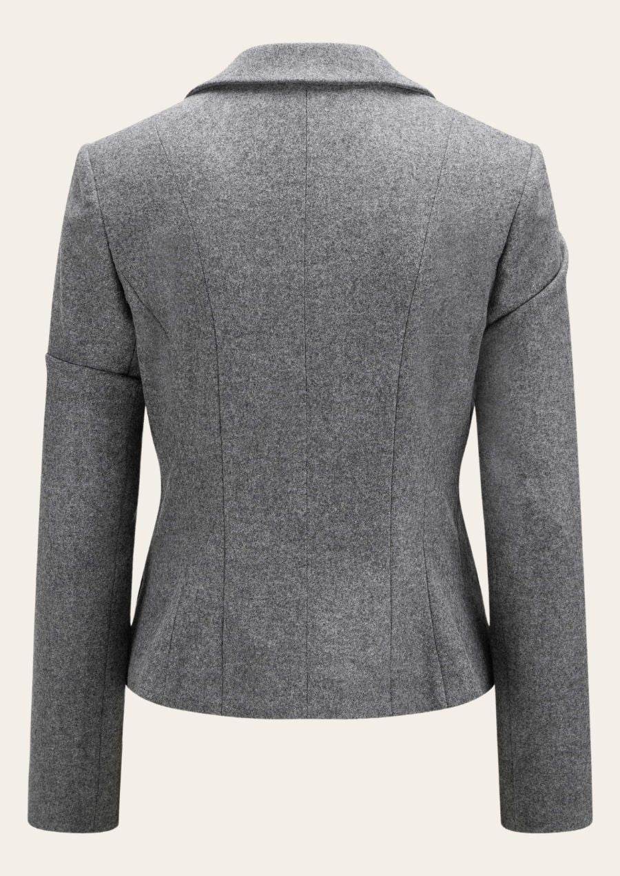 Short traditional women’s jacket back view, gray, back seams and long sleeves