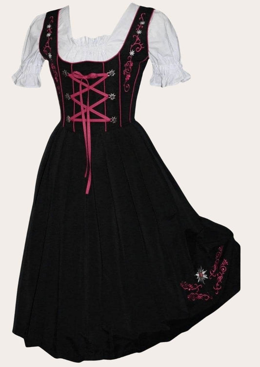 Festive dirndl dress with white puff sleeves, black skirt with magenta trim and lace-up corset